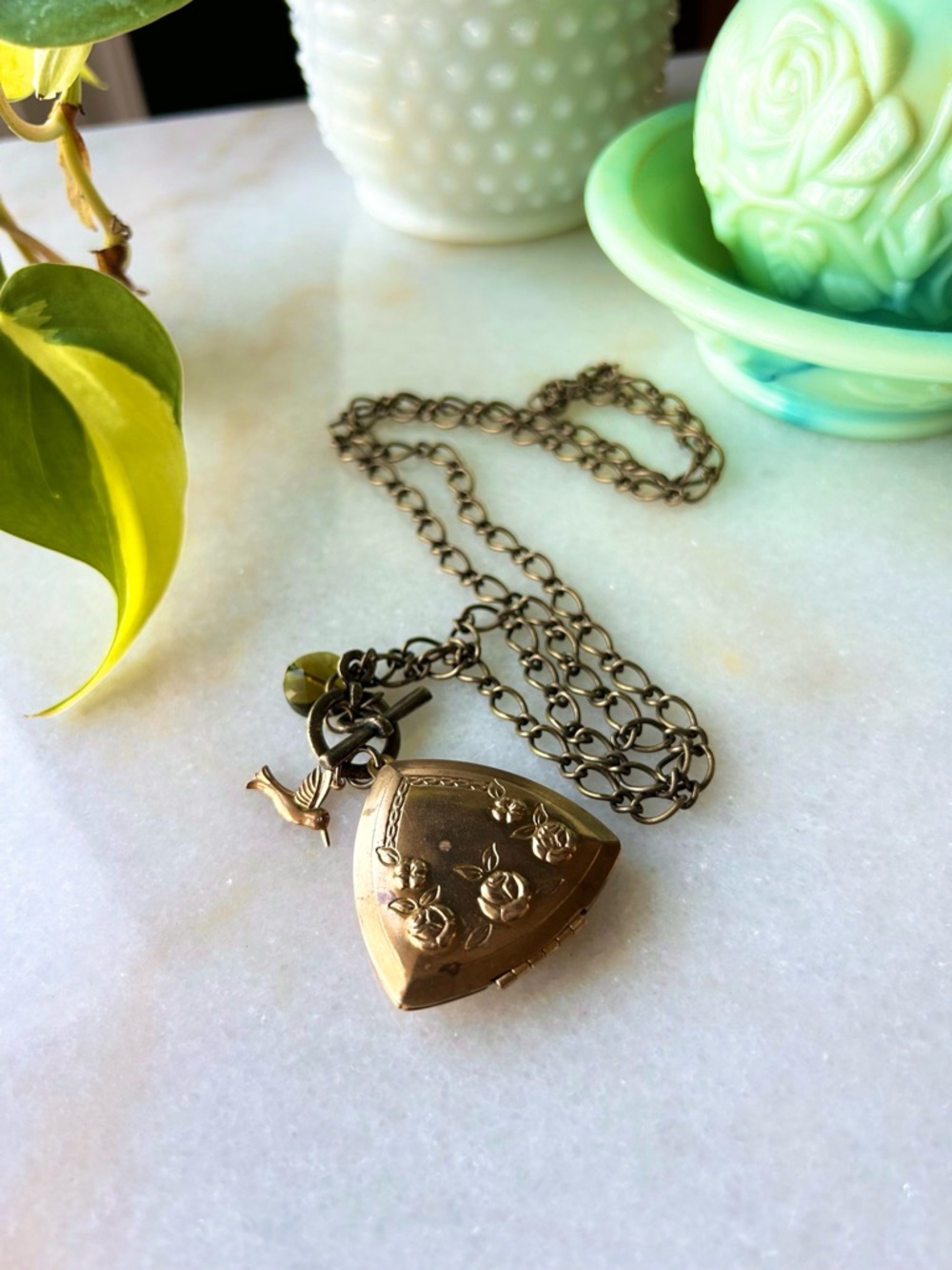 Vintage Floral Gold Tone Locket Necklace - hummingbird charm